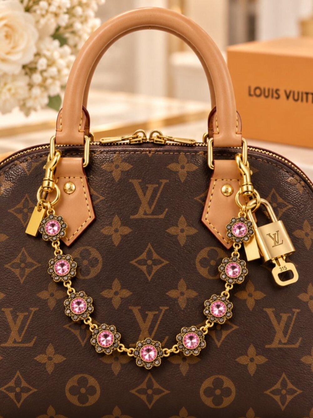 Authentic Louis Vuitton Gold Padlock with Unbranded Decorative Bag Chain / Charm